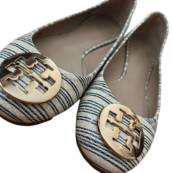 Tory Burch Reva Stripe Ballet Flat Beige Blue Snakeskin Size 8 - Picture 6 of 9